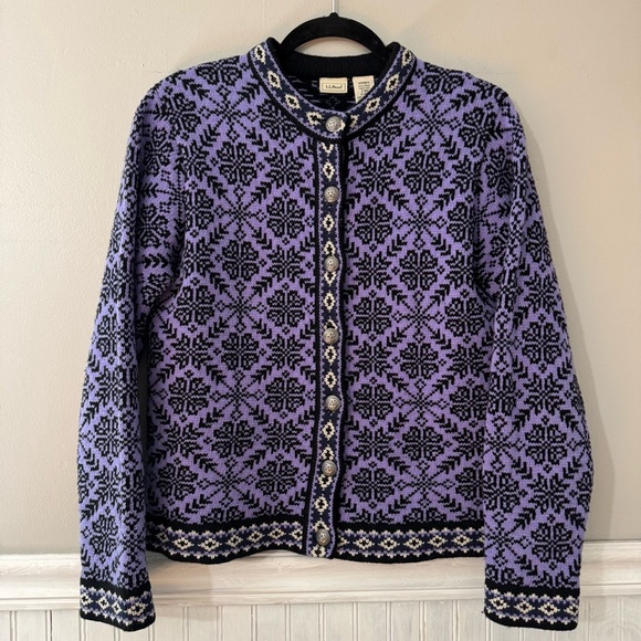 Vintage L.L. Bean 100% Lambs Wool Cardigan Sweater Purple Metal Button Up Size S - Picture 1 of 7